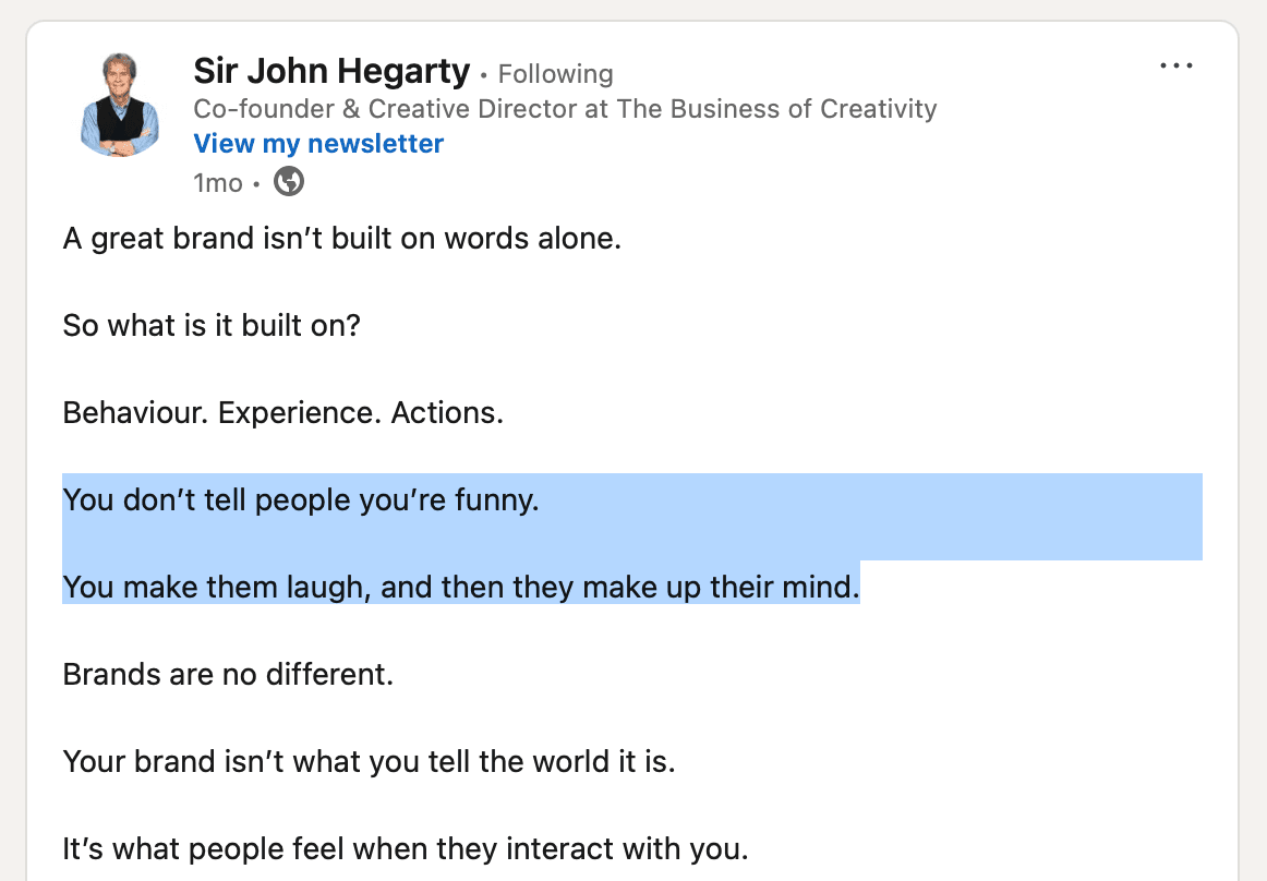 Sir John Hegarty's LinkedIn post