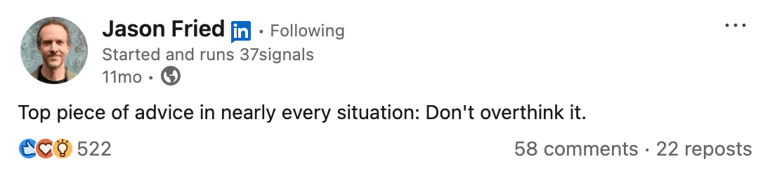 Jason Fried’s post at LinkedIn